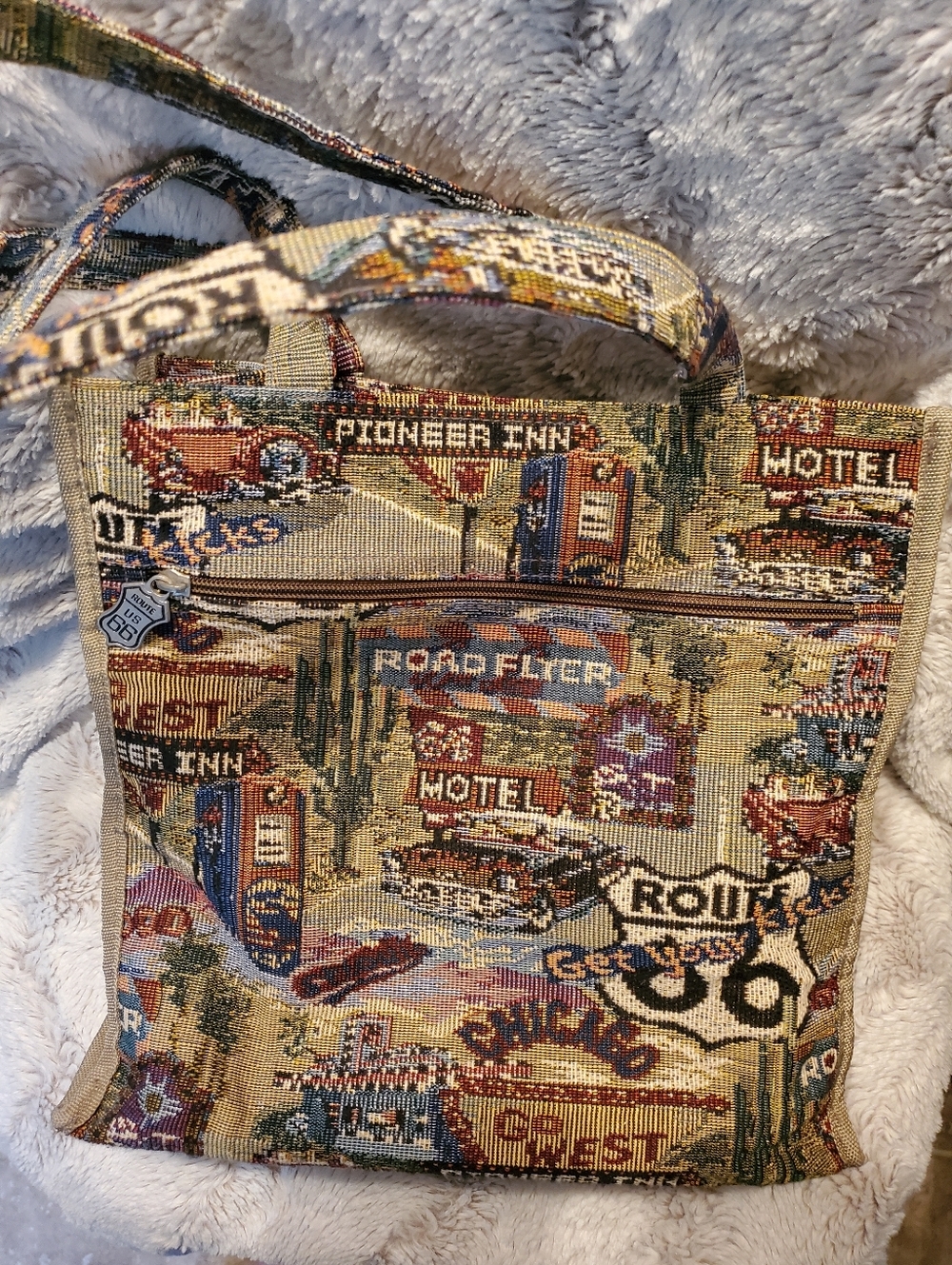 Vtg JADE Route 66 Themed Tapestry Canvas Travel Shoulder Tote Bag & Coin Purse - Picture 3 of 9